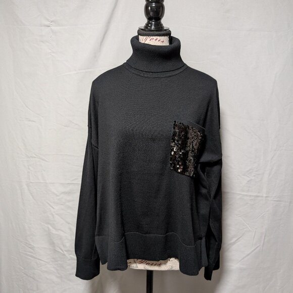 DKNY Women's Black Turtleneck Sweater Sequin‎ Pocket Size Large - Picture 1 of 7